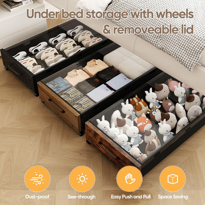 JSHNE Wooden UnderBed Storage with Wheels, 80L Extra-large Rolling Under the Bed Storage Bins 2 Pack with Removable Lid