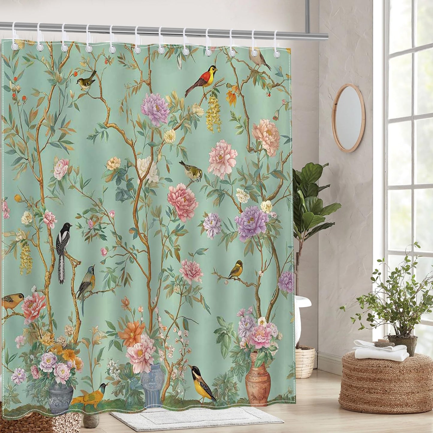 Avezano Bird Shower Curtain Bird Floral Green Bathroom Shower Curtain Spring Aesthetic Waterproof Fabric Shower Curtains Bathtub Decor with 12 Hooks
