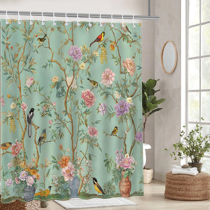 Avezano Bird Shower Curtain Bird Floral Green Bathroom Shower Curtain Spring Aesthetic Waterproof Fabric Shower Curtains Bathtub Decor with 12 Hooks