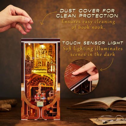Book Nook Kit, DIY Miniature Dollhouse Booknook Kit, 3D Wooden Puzzle Bookend Bookshelf Insert Decor with LED Light for Teens and Adults (Roaring