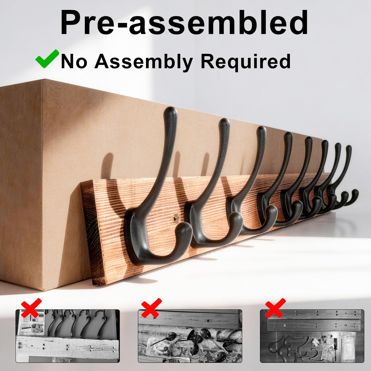 HONSKY Wall Coat Rack with 8 Double Hooks,Wooden Coat and Towel Hanger Storage for Entryway, Bathroom, Bedroom, Garage,Brown Base/Black Hook