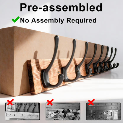 HONSKY Wall Coat Rack with 8 Double Hooks,Wooden Coat and Towel Hanger Storage for Entryway, Bathroom, Bedroom, Garage,Brown Base/Black Hook