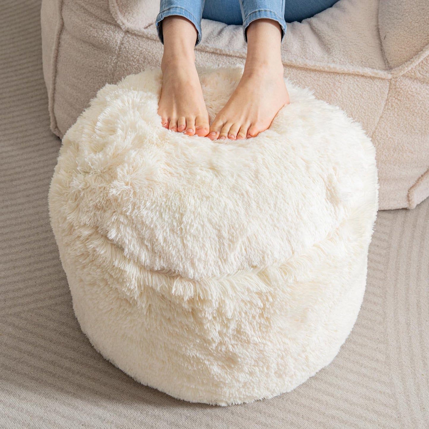 HIGOGOGO Faux Fur Beanbags Round Footstool Bean Bag Pouf with Foam Chunk Filling, 50 x 35 cm Floor Poufs Foot Rest for Living Room, Beige