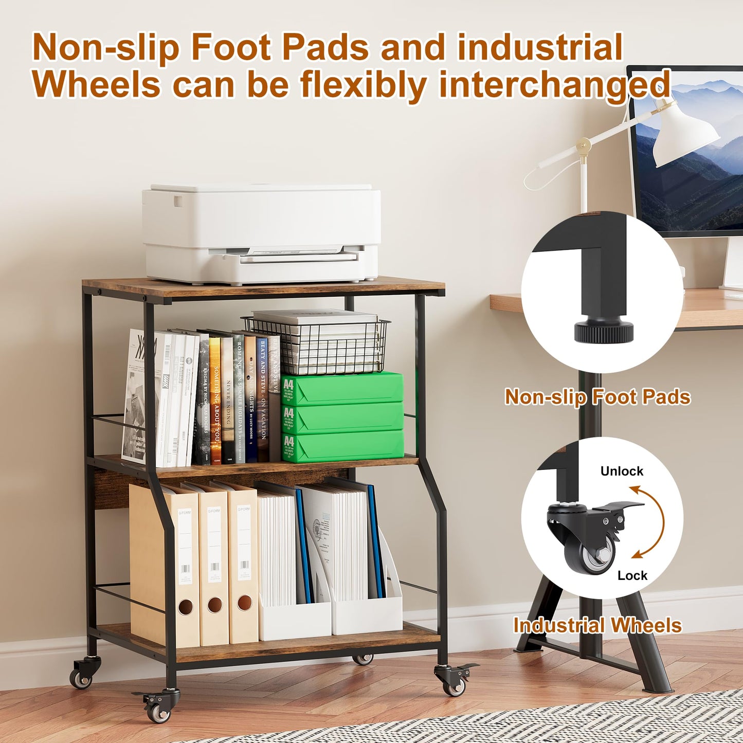 TQVAI 3 Tier Large Printer Stand with Storage on Wheels Printer Table Home Office Microwave Shelf for Kitchen Storage Trolley Rustic Brown Furniture