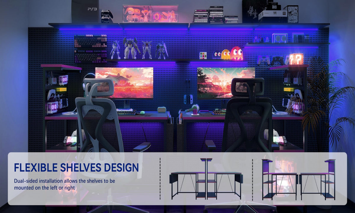 Xyphren Gaming Desk with Pegboard & Power Outlet & LED Light, Small Computer Desk with Reversible Shelves for Corner Home Office Desk, 140 * 50cm