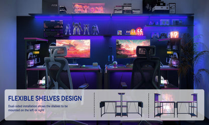 Xyphren Gaming Desk with Pegboard & Power Outlet & LED Light, Small Computer Desk with Reversible Shelves for Corner Home Office Desk, 140 * 50cm