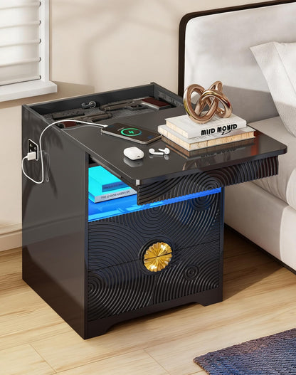 FREDEES LED Bedside Table with Hidden Drawer for Bedroom, Black