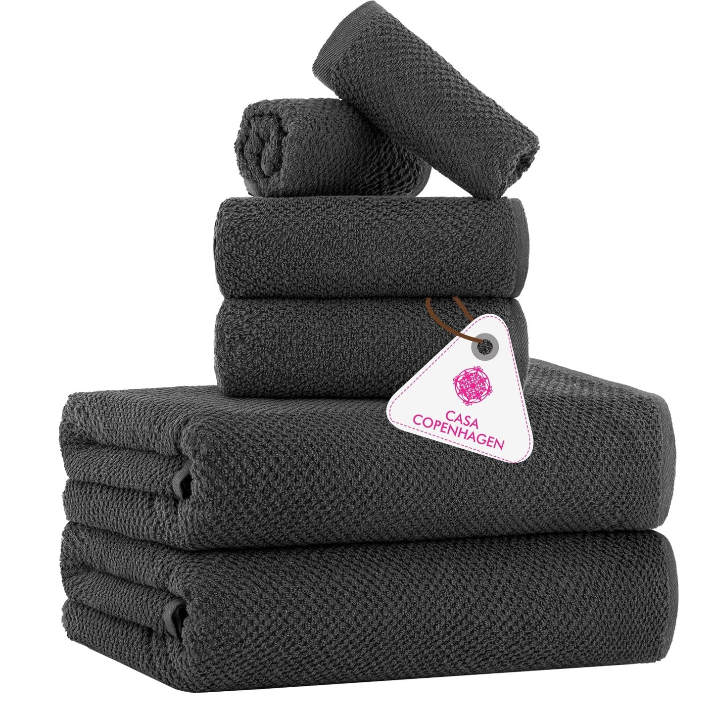 CASA COPENHAGEN Popcorn Textured 6 Piece Towel Set - Pine Grey, 550 g/m?, 2 Bath Towel, 2 Hand Towel, 2 Washcloth Towels Cotton Rough and Tough Use