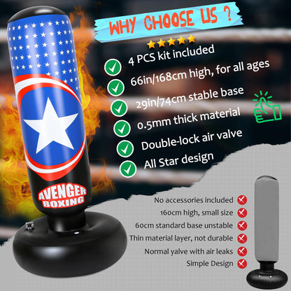 YasinKidz Punching Bag for Kids, 66 Inch Large Inflatable Kids Boxing Bag Set for Boys & Girls Age 3-14, Free Standing Punch Bag with Boxing Gloves