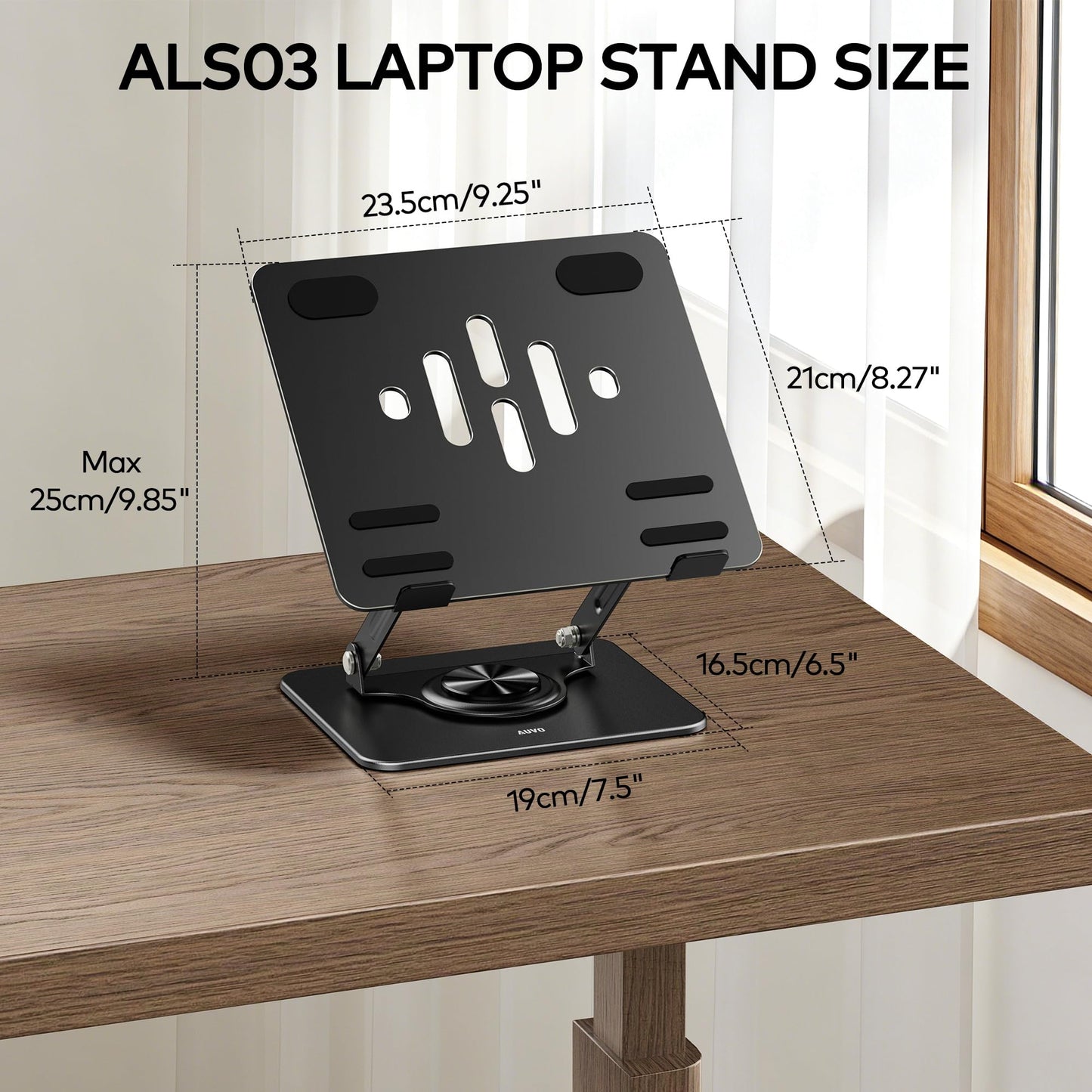 Auvo ALS03 Laptop Stand, Adjustable Computer Stand with 360° Rotating Base, Ergonomic Laptop Riser for Desk, Fits 11-14 inch Laptops, Black