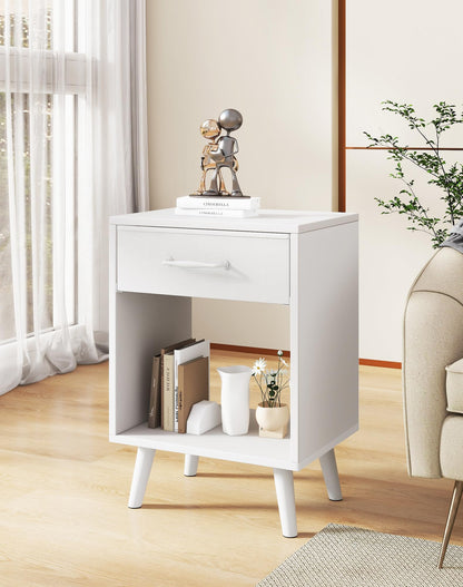 YMYNY Nightstand Set of 2, Bedside Table, Side Table with Fabric Drawer, Handle and Open Compartment, Solid Wood Legs