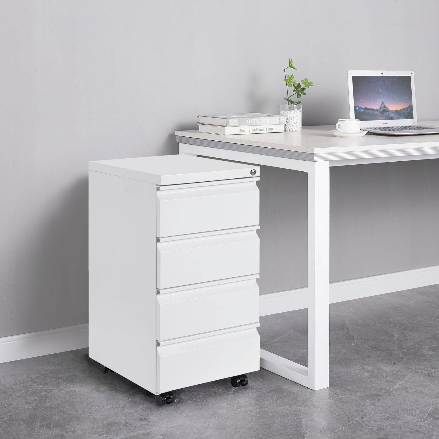 LVSTEEL Mobile Filing Cabinet, Under Desk 4-Drawer Lockable Cabinet with Wheels, Filing Cabinets for Home Office, Pre-Assembled, White