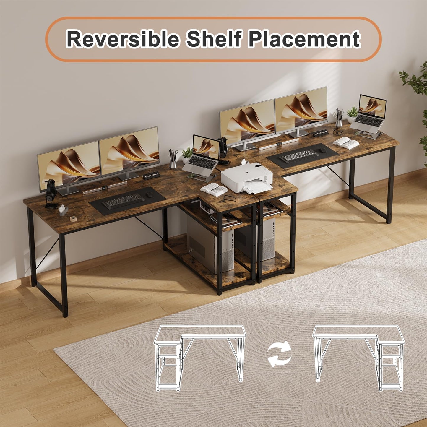JUMMICO L Shaped Desk 120x80cm with Storage, Corner Computer Desk with Reversible Shelf, Sturdy Office Desk & Workstations for Home Office, Brown