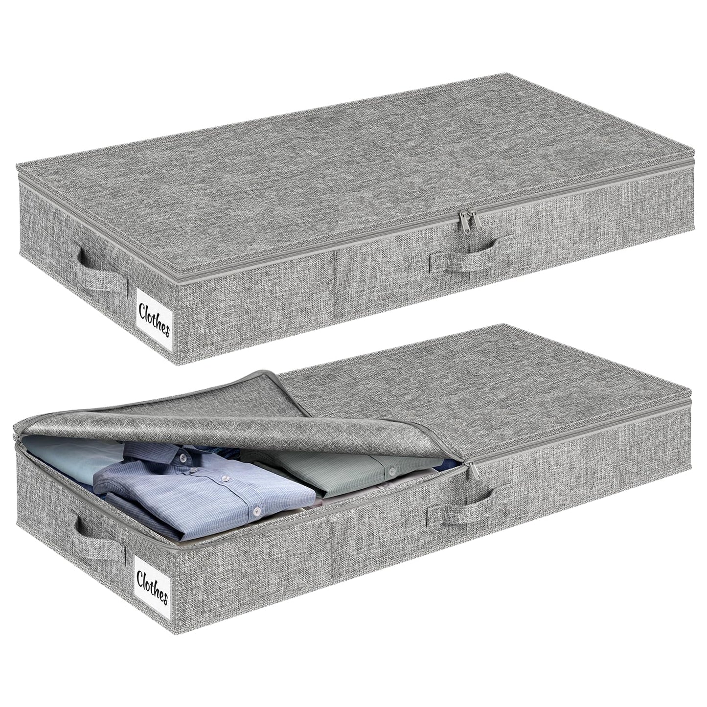 Underbed Storage Box with Lid, 12 cm High, Pack of 2, Foldable Underbed Storage, Washable Clothes Storage & Organisation, 3 Handles, Zip Lid