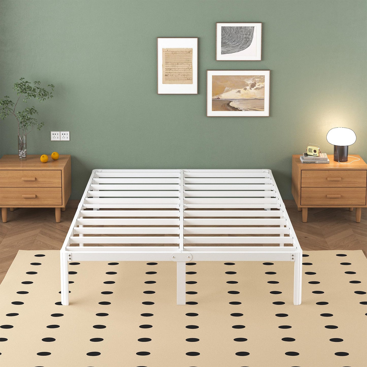 Lutown-Teen Metal Bed 160 x 200 cm with Round Legs, 36 cm Height Bed Frame Double Bed with Metal Slatted Frame, White