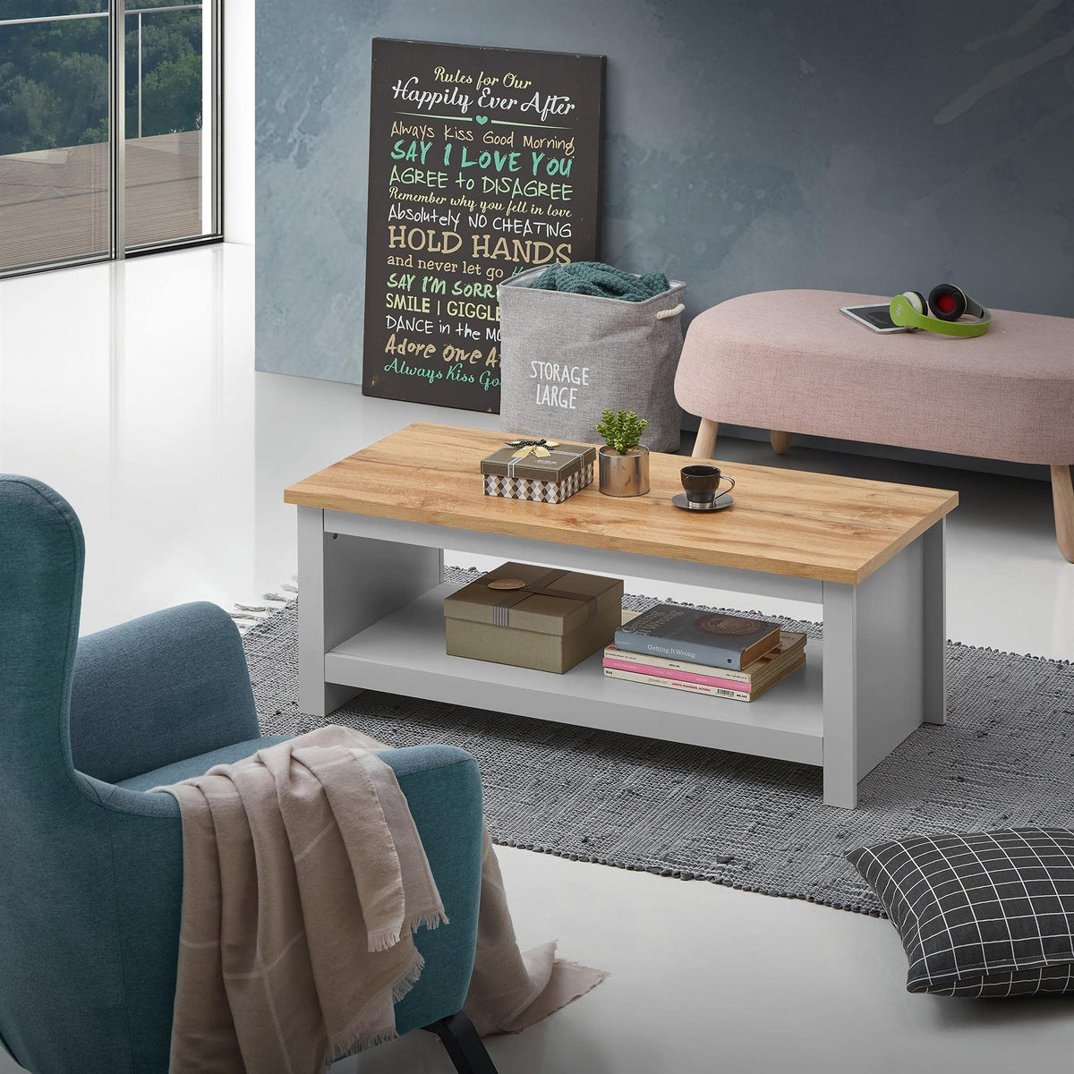 Timber Art Design UK Lisbon Coffee Table With Open Shelf Storage for Living Room, Home, Bedroom Furniture, Grey with Oak Effect - 120 x 49.6 x 60 cm