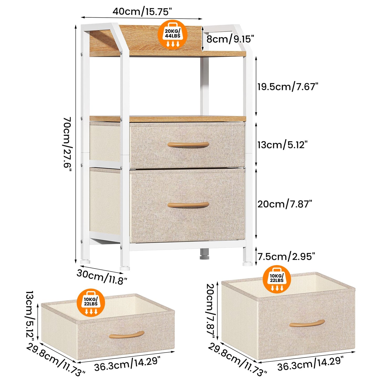 Feonase Bedside Table with 2 Fabric Drawers & Open Shelf - Sturdy Metal Frame Nightstand, Compact End Table for Bedroom, Living Room, Small Spaces