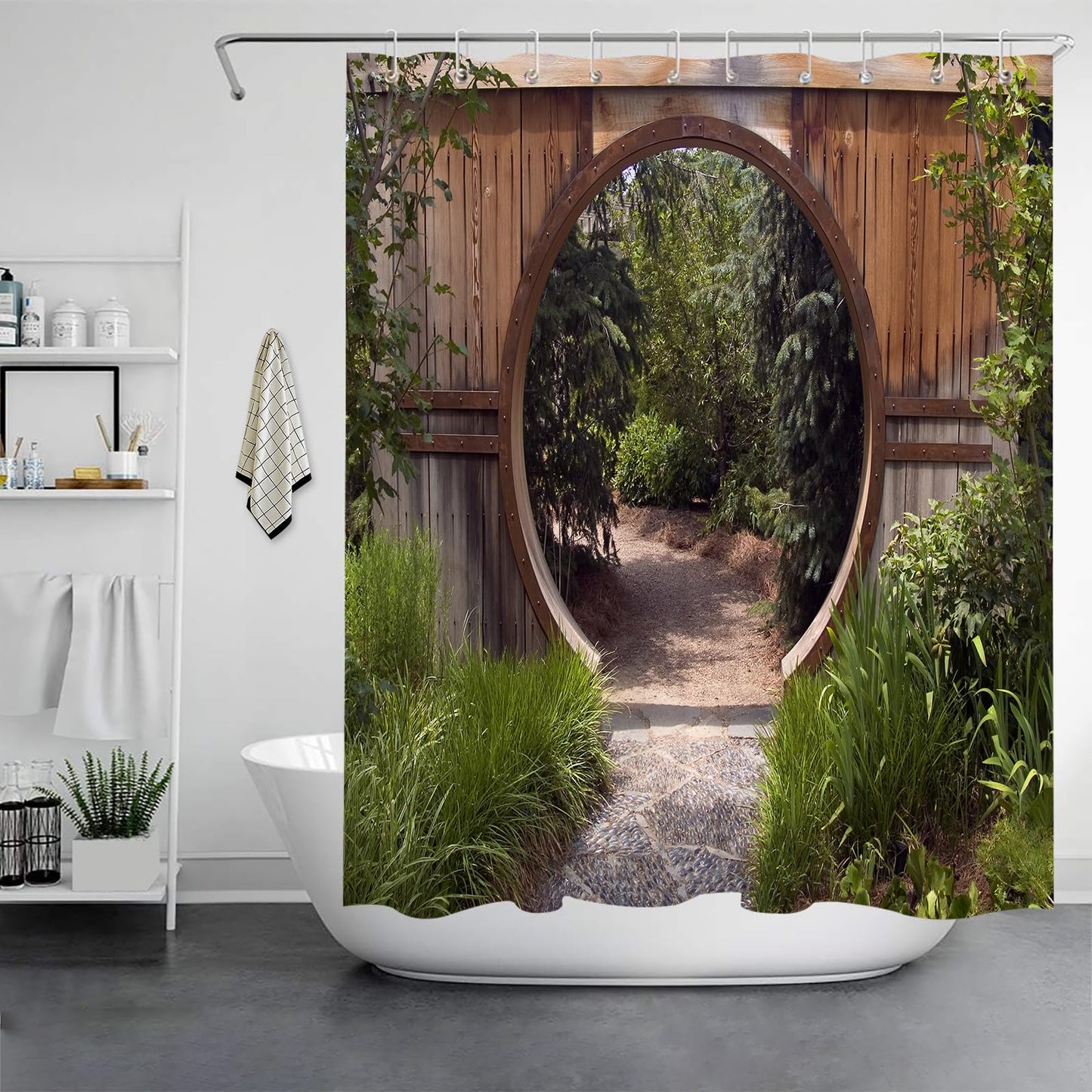 JOOCAR Japanese Shower Curtain Authentic Circle Rustic Doorway Gate Opening to National Park Sublime Habitat Bath Curtain Green Brown Waterproof