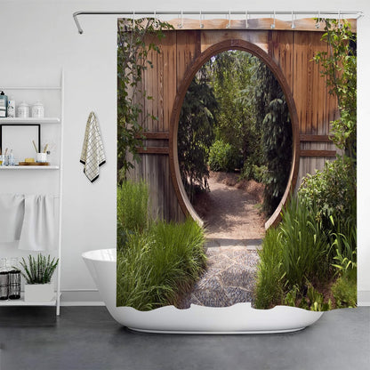 JOOCAR Japanese Shower Curtain Authentic Circle Rustic Doorway Gate Opening to National Park Sublime Habitat Bath Curtain Green Brown Waterproof