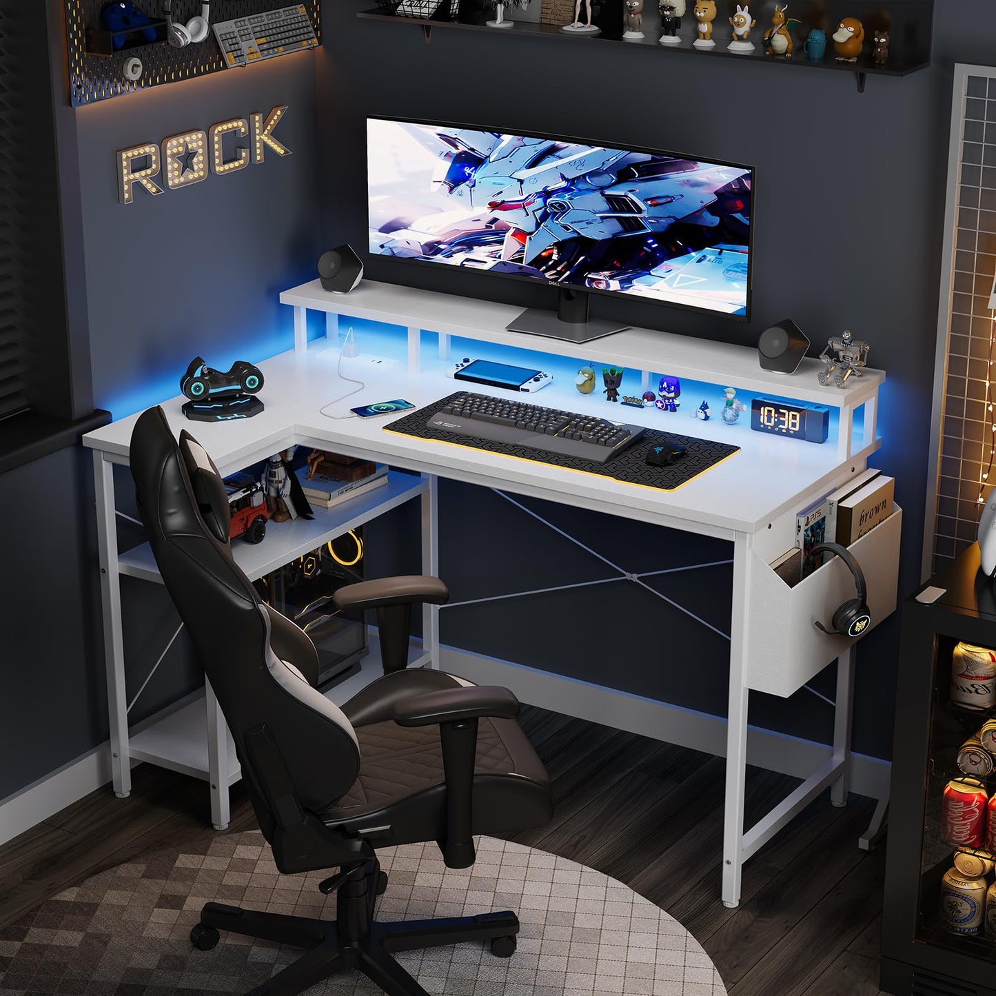 Grandder L Shaped Desk with LED Lights & Power Outlets, 100 cm Gaming Desk with 2 Shelves, Computer Table with Monitor Stand, Home Office, White
