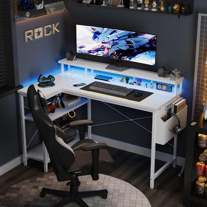 Grandder L Shaped Desk with LED Lights & Power Outlets, 100 cm Gaming Desk with 2 Shelves, Computer Table with Monitor Stand, Home Office, White