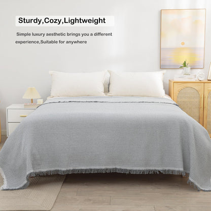 VANJOROY Waffle Large Grey Sofa Throw Blanket With Tassels For 2 3 4 Seater, 100% Handwoven Cotton Knitted Settees Throw for Couch, Armchair and Bed,