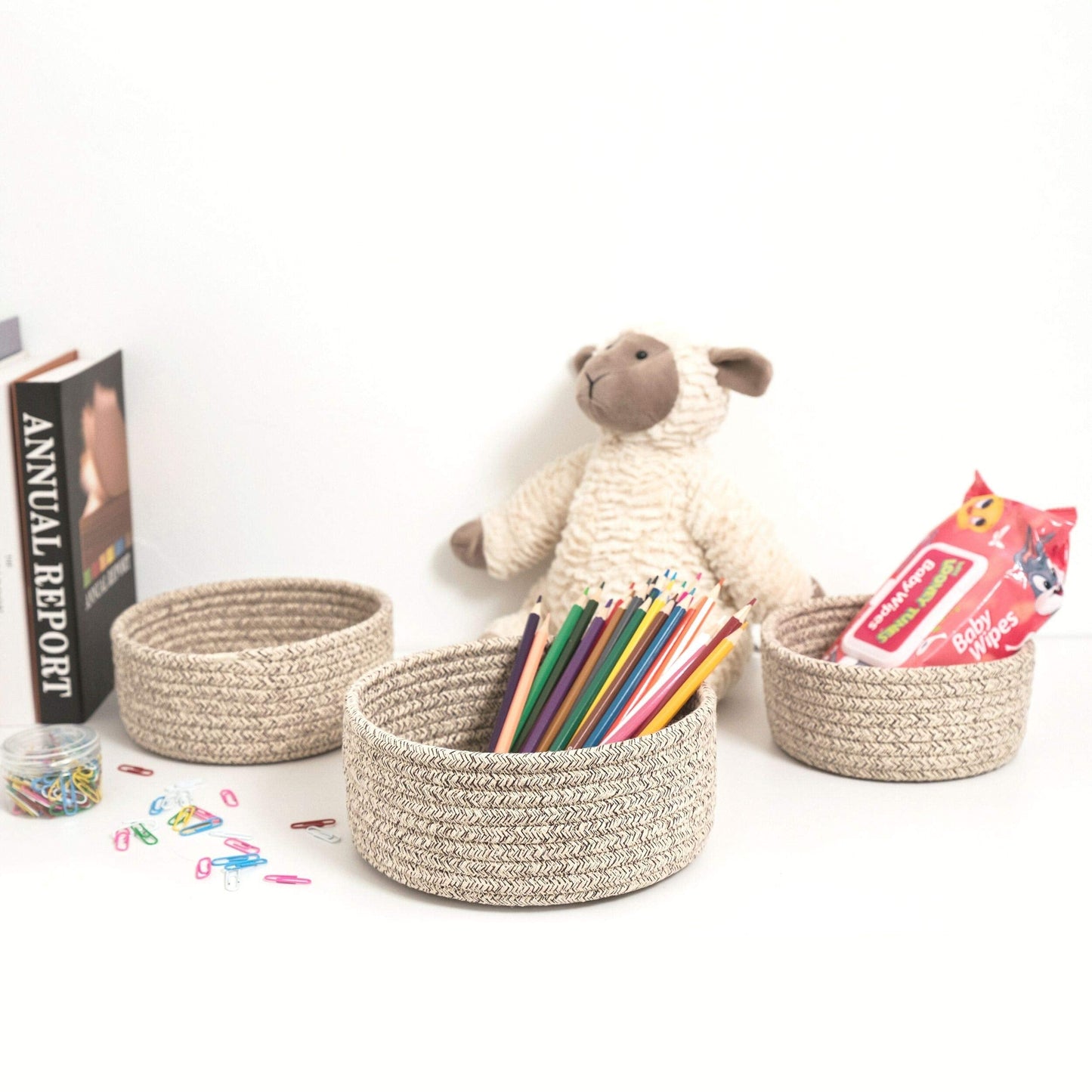 MINTWOOD Design Set of 3 Cotton Rope Nesting Bowls, Small Catch All Basket, Cute Closet Baskets and Bins for Shelves