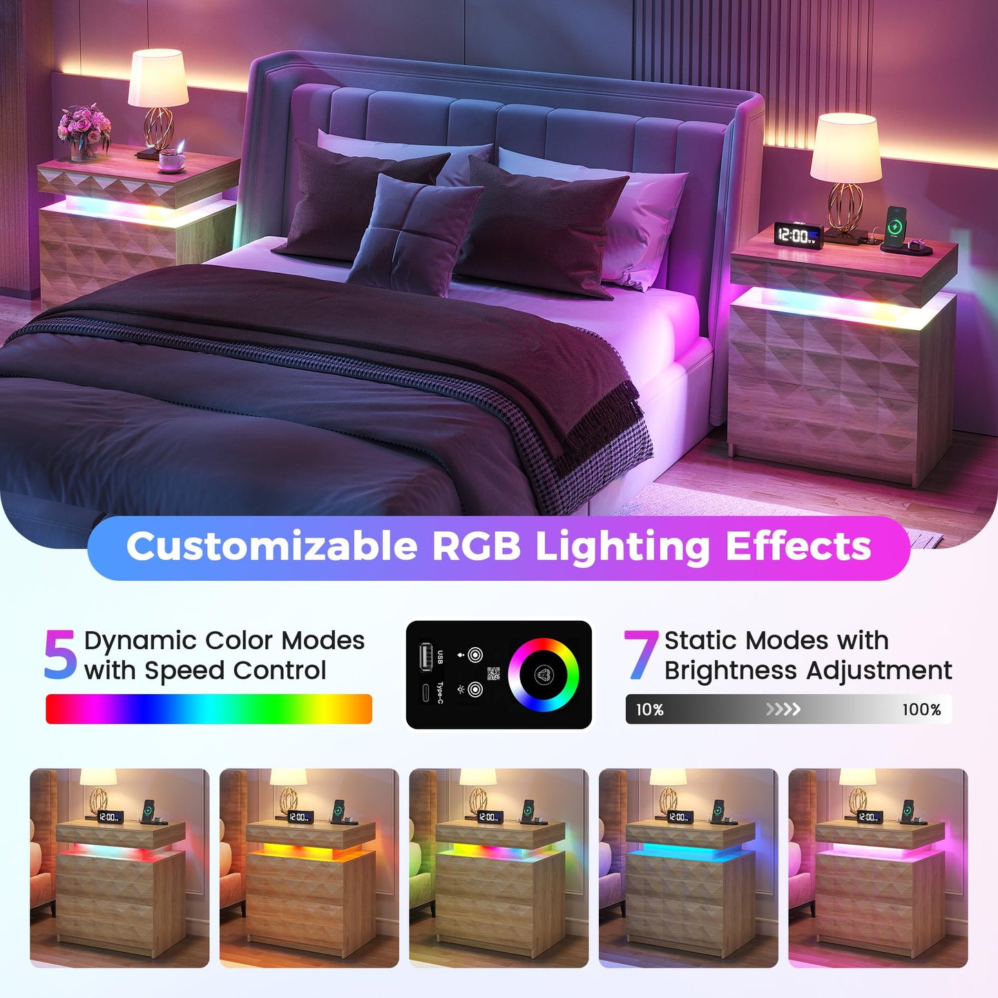 FREDEES RGB Bedside Table with Hidden Storage for Bedroom, Wood