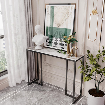 Console Table Hallway Sintered Stone: Consoles Desk 100x30x78.5 cm High Gloss Cold Jadeite White Marble Texture with Black Legs Narrow Tall Modern