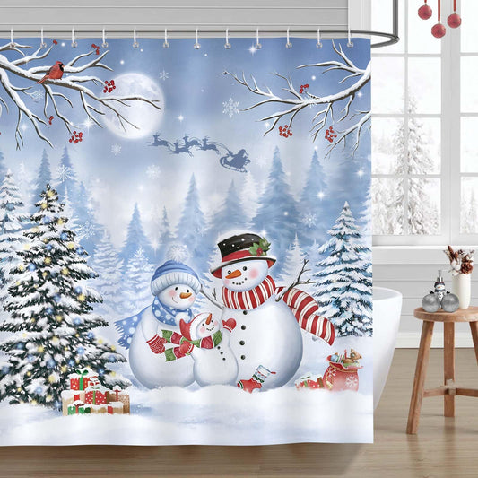 Bonhause Christmas Snowman Shower Curtain, Xmas Tree Snowy Forest Winter Bathroom Curtain 180 x 180 cm Waterproof Mildew and Mould Resistant Polyester