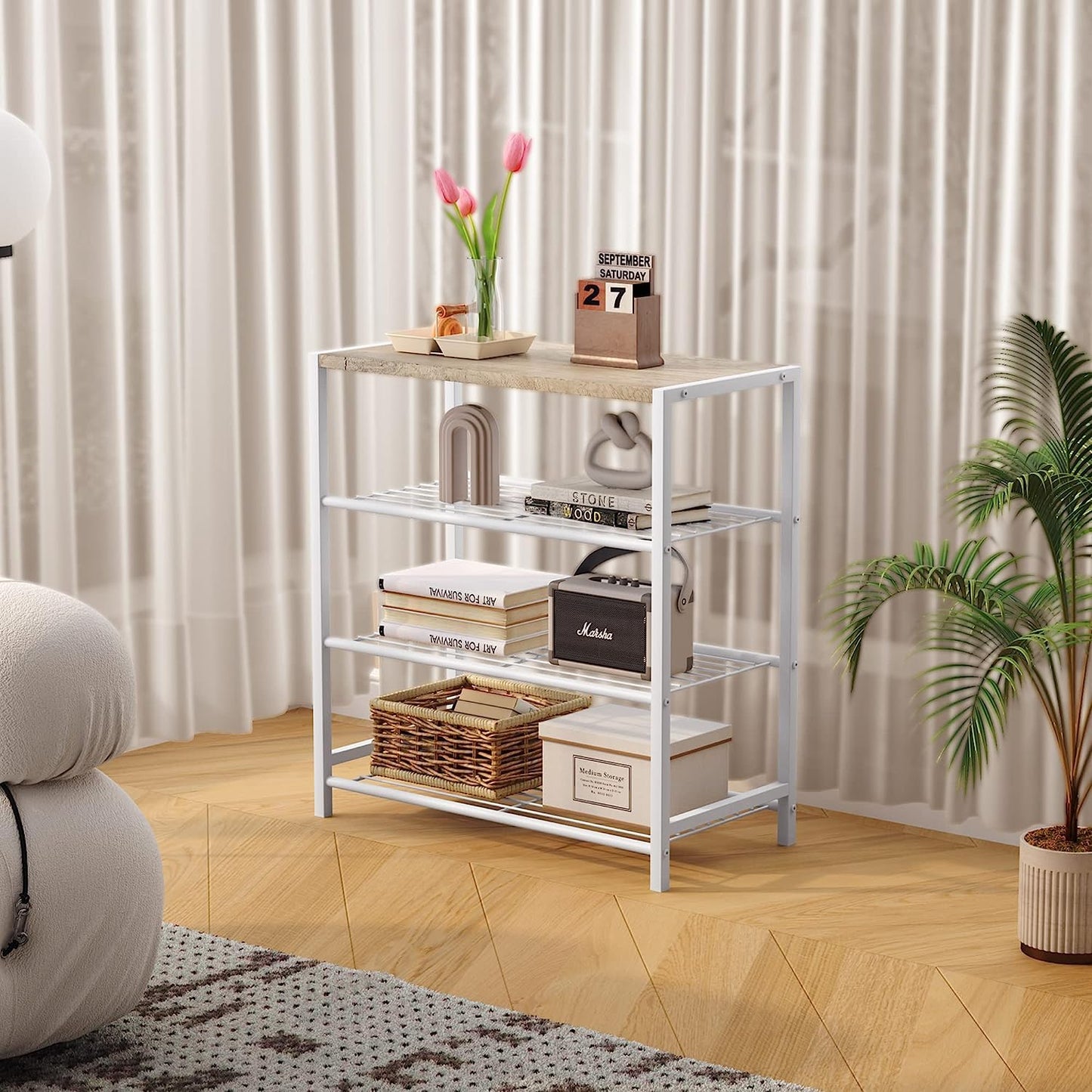 HOME BI 4-Tier Industrial Shoe Rack, Metal Shoe Storage Organizer, Durable Shoe Shelf for Closet, Hallway, Entryway, Living Room,White