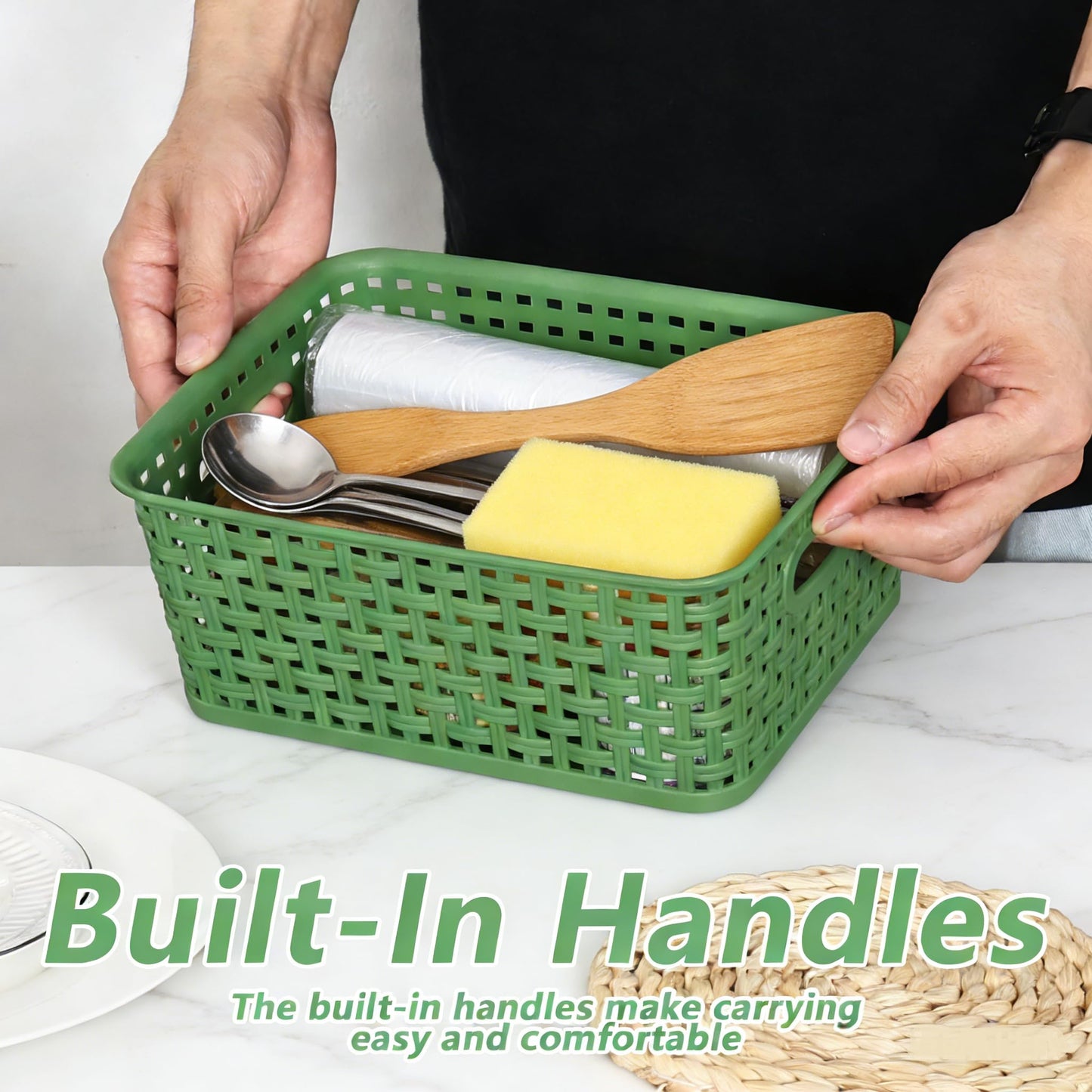 Parlynies Plastic Storage Baskets for Organizing, Woven Storage Organizer, 10" x 7.6" x 4.08", Pack of 6 (Green)