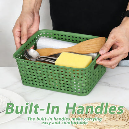 Parlynies Plastic Storage Baskets for Organizing, Woven Storage Organizer, 10" x 7.6" x 4.08", Pack of 6 (Green)