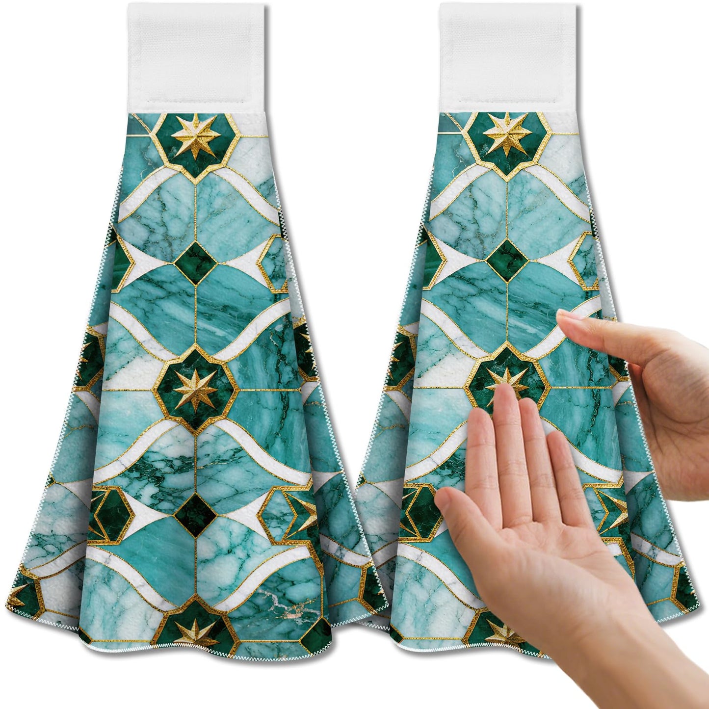 CUTHOLLOW 2Pcs Morocco Marble Pattern Tea Towels for Kitchen with Loop, 31.5x43.5cm Soft Super Absorbent Microfiber Decorative Hanging Dish Towel,