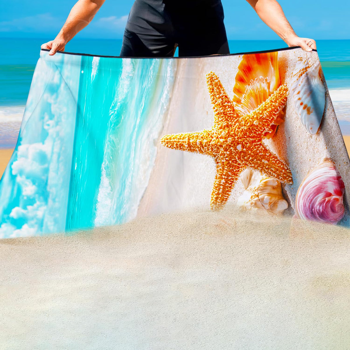 Violetpos Golden Starfish & Shells Beach Towel, Extra Large 180x90 cm 250GSM Microfibre, Sand Free Quick Dry