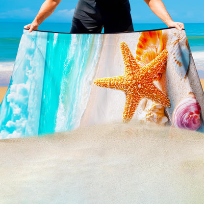 Violetpos Golden Starfish & Shells Beach Towel, Extra Large 180x90 cm 250GSM Microfibre, Sand Free Quick Dry