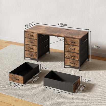 MUTUN 120cm Computer Desk with 8 Drawers, Home Office Desk with Power Outlets, Modern Table with Large Storage for Writing, Study, Rustic Brown