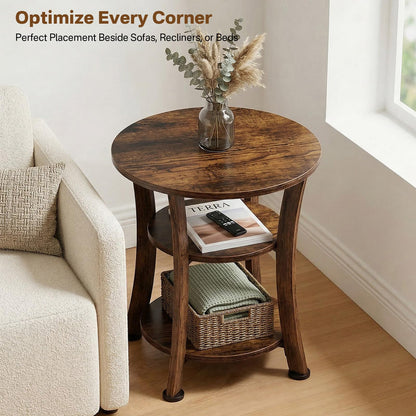 Yuede Round End Table, 3 Tier Side Table with Storage, Farmhouse Wood Side Table, Vintage Sofa Bedside Table Coffee Table for Bedroom Living Room