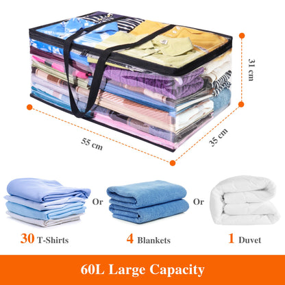 Vieshful 7 Pack Clear Storage Bags 60L Clothes Storage Bags with Zips Underbed Storage for Clothes, Duvet, Blankets, Toys Plastic Moving Bags Black