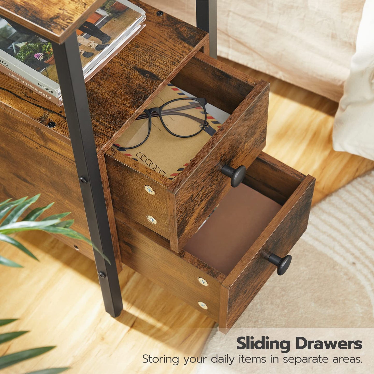 HOOBRO Side Table, Narrow Bedside Table with Charging Station, USB Ports and Power Outlets, Slim Side Table for Small Spaces, 2 Drawers, Industrial