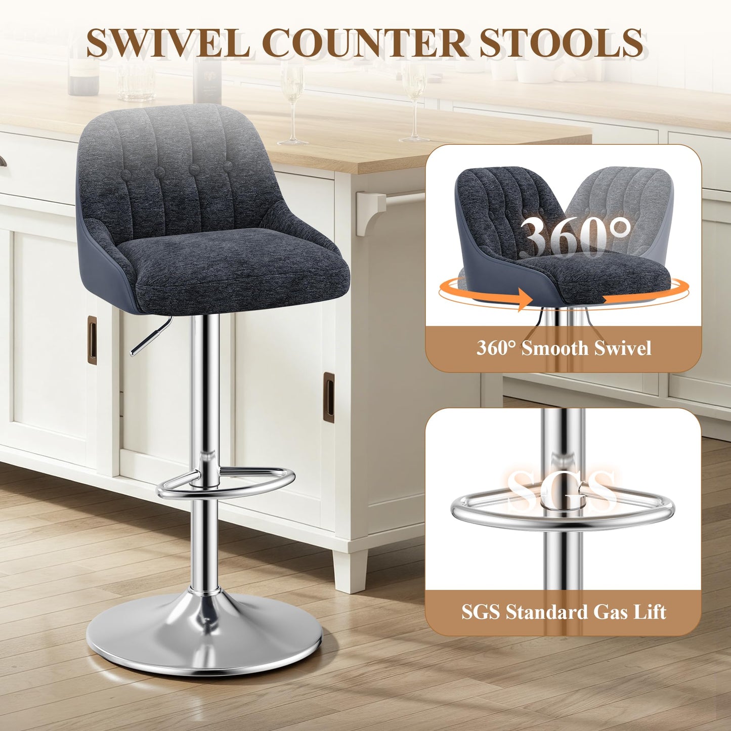 Adjustable Bar Stools Set of 4, Swivel Counter Stools with Backrest, Chenille & Faux Leather Upholstered Bar Chairs