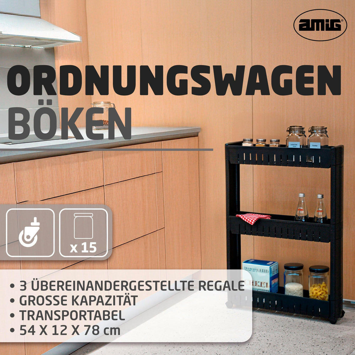 Amig - Narrow Storage Trolley with Wheels Böken - Black - 54 x 12 x 78 cm - 3-Tier Storage Unit for Bathroom