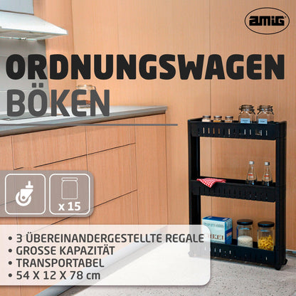 Amig - Narrow Storage Trolley with Wheels Böken - Black - 54 x 12 x 78 cm - 3-Tier Storage Unit for Bathroom