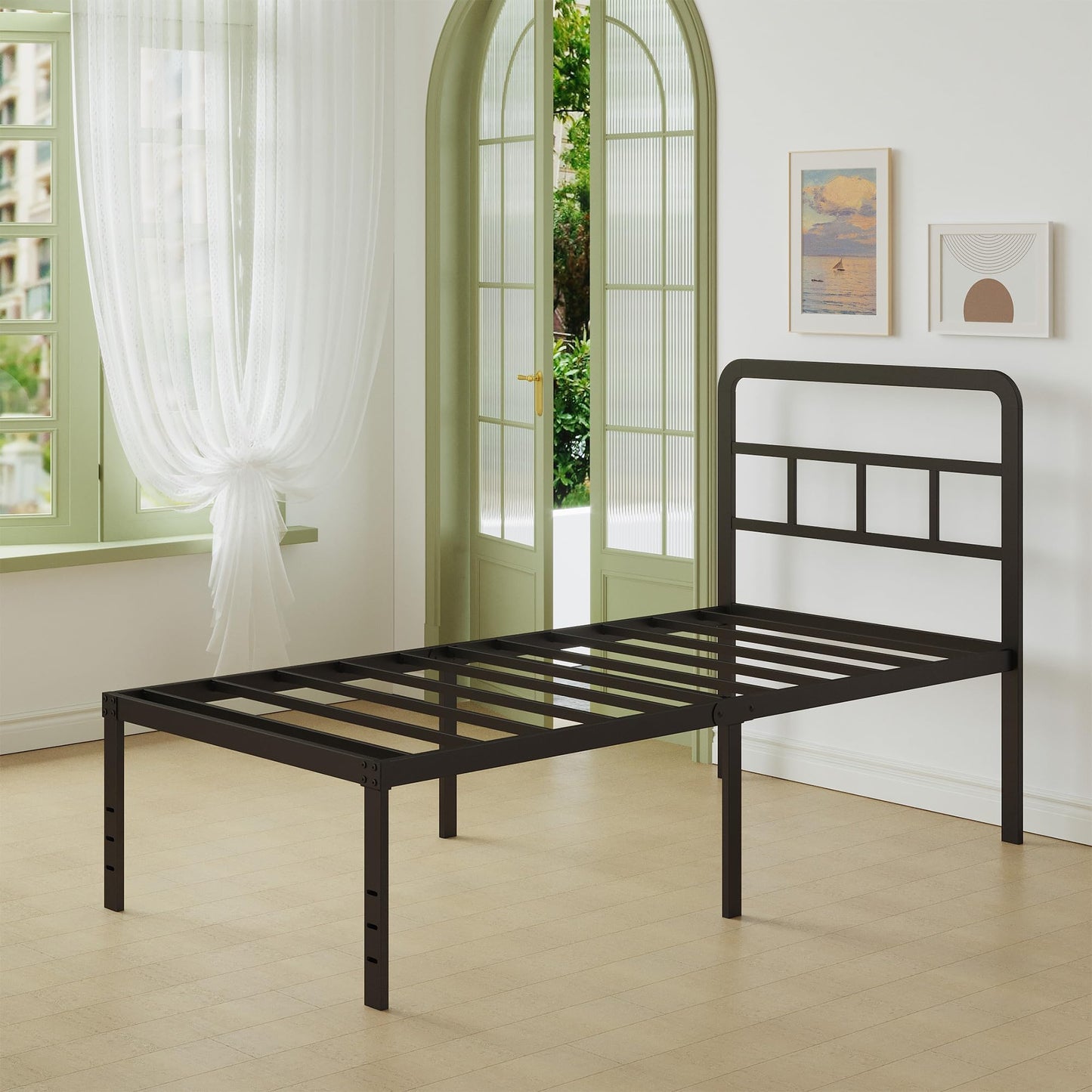 Lutown-Teen Metal Small Single Bed Frame with Headboard, 46 cm High