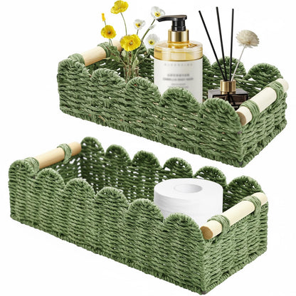Yiomxhi 2 Pcs Wicker Storage Baskets, Woven Organizer Bins with Wooden Handles, Rope Scalloped Edge Toilet Paper Baskets for Bathroom, Shelf, Kitchen