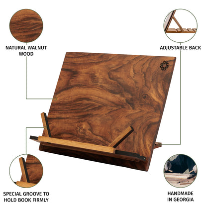 TILISMA Wooden Cook Book Stand - Handmade Walnut Book Holder for Reading Hands Free - Cookbook Holder for Counter Top - Fancy Tablet Holder