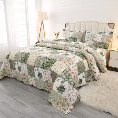 Qucover 3-Piece Double Bedspread Set, American Style Green Patchwork Pattern Bedspread, Light Breathable Polyester Ultrasonic Quilting Coverlet Set