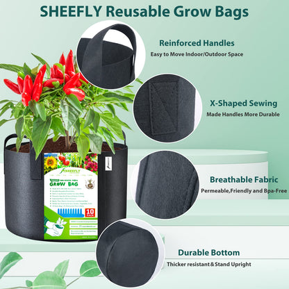 SHEEFLY 10 Pack 15 Gallon Grow Bags,Non Woven Durable Thickened Aeration Fabric Pots Container with Reinforced Handles for Nursery