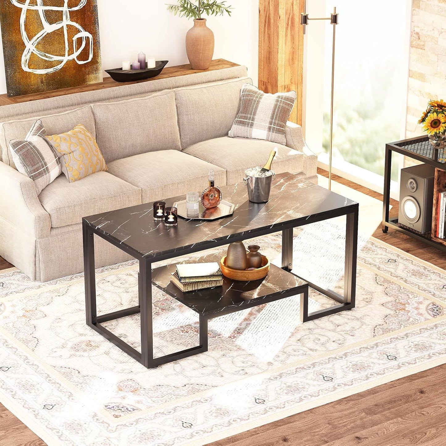 Coffee Table with Storage Shelf, Living Room Table with Metal Frame, Coffee Tables for Living Room, Center Table