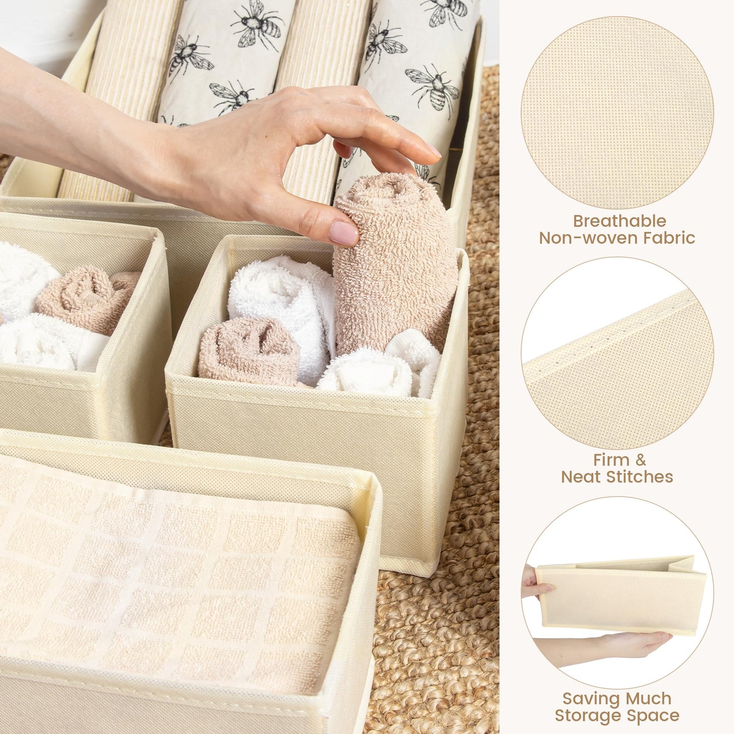 Vivantia 12 Pack Fabric Drawer Organisers for Clothes 3 Sizes Foldable Wardrobe Storage Organiser Bins Underwear Drawer Dividers Clothes Storage